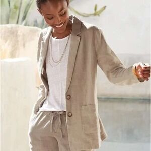 Garnet Hill‎ Washed Linen Blazer Jacket Oatmeal Women's Size Medium Oversized